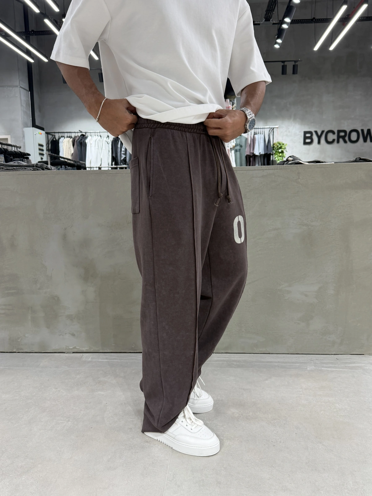 Kahve 08 Yıkamalı Bol Kalıp Baggy Eşofman