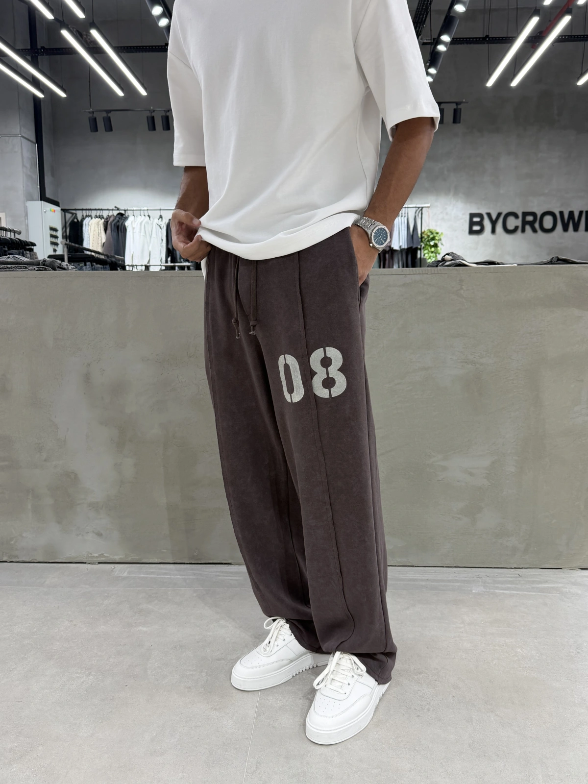 Kahve 08 Yıkamalı Bol Kalıp Baggy Eşofman
