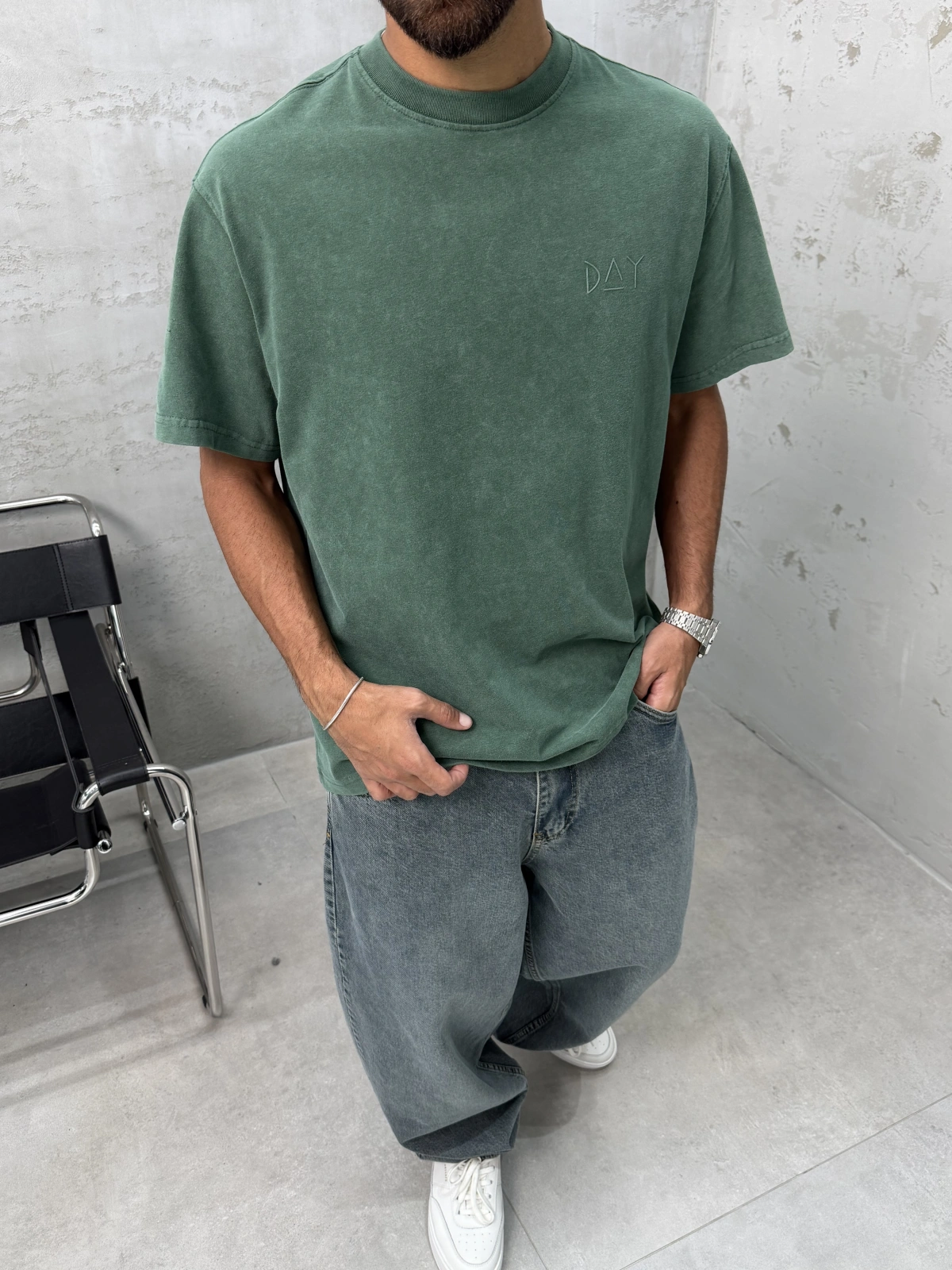 Day Yeşil Yıkamalı Oversize T-Shirt