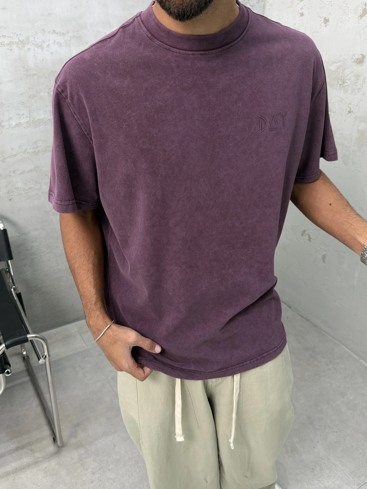 Day Bordo Yıkamalı Oversize T-Shirt