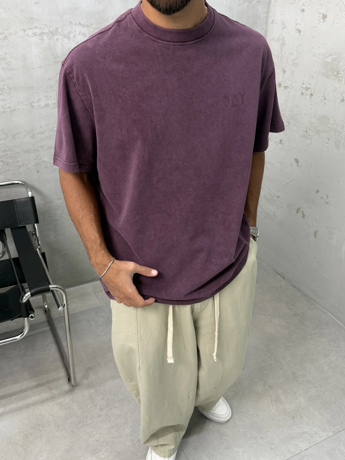 Day Bordo Yıkamalı Oversize T-Shirt