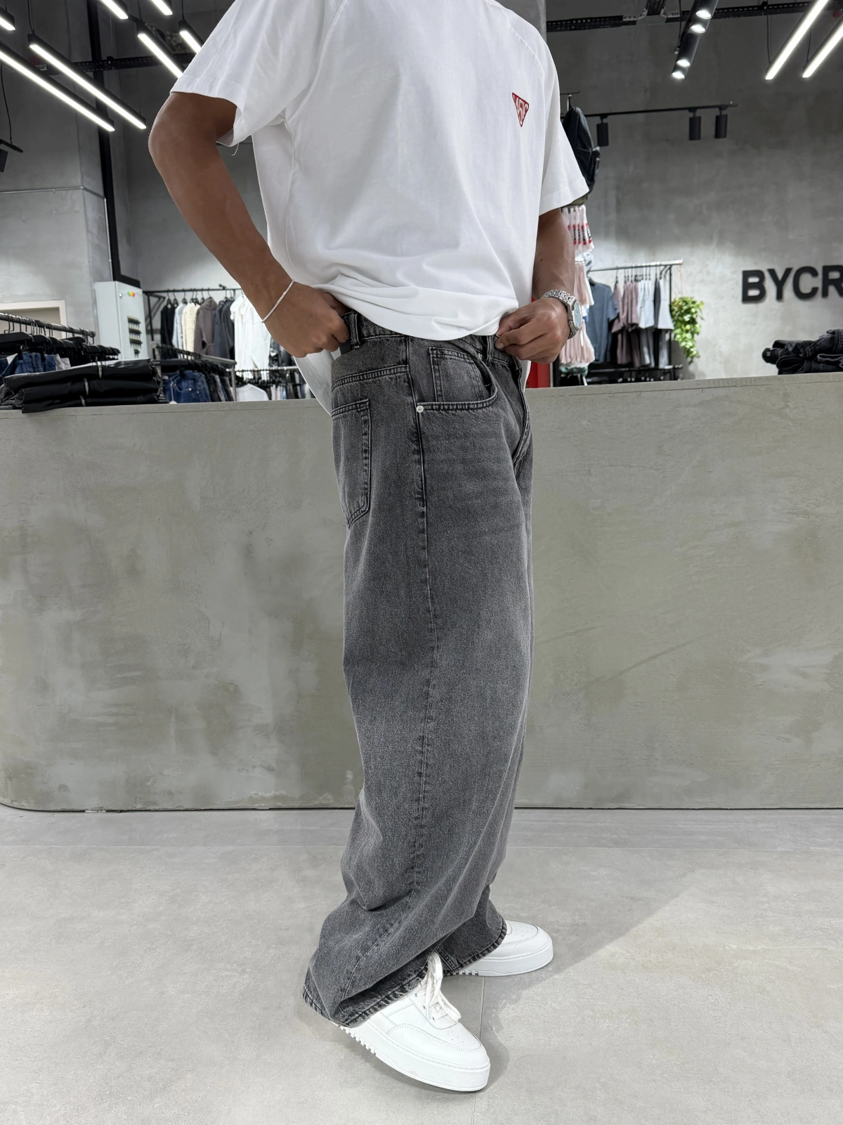Antrasit Eskitme Denim Süper Baggy
