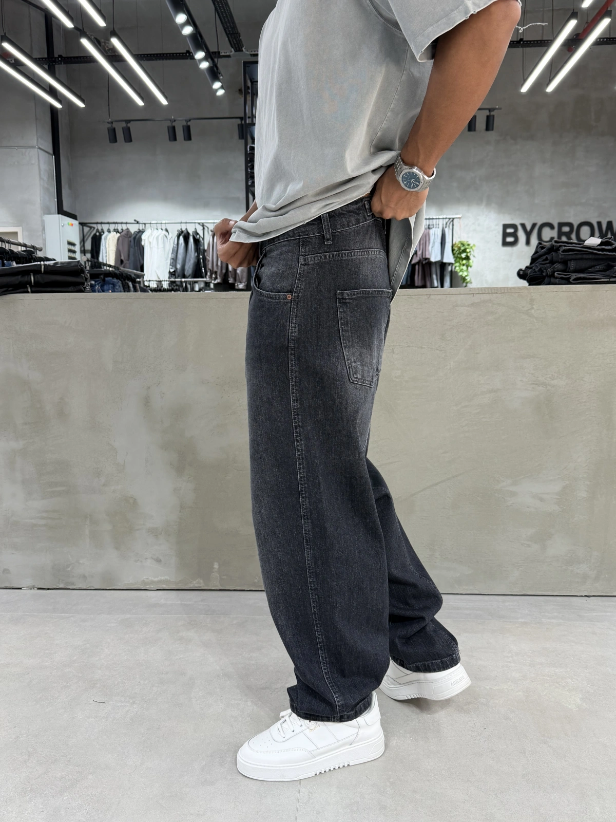 Eskitme Siyah Çizgi Detay Baggy Jean