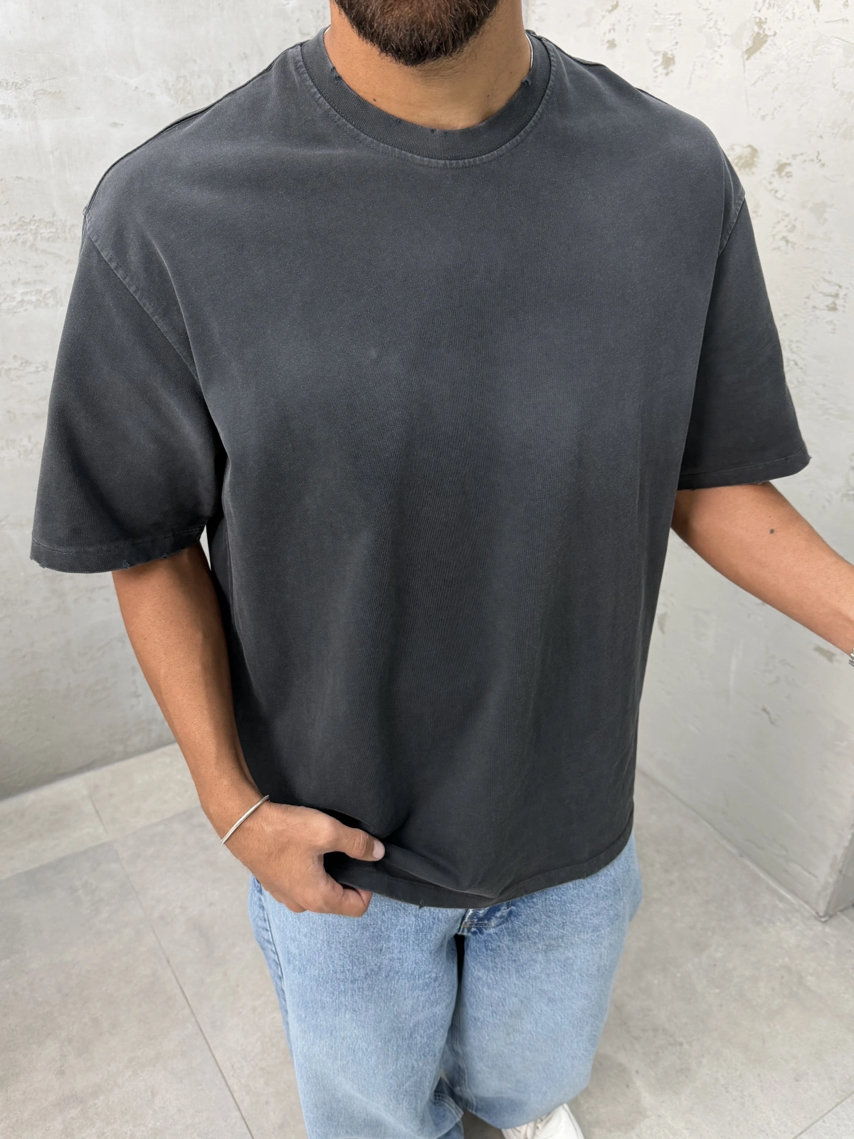 Siyah Basic Yıkamalı Oversize T-Shirt
