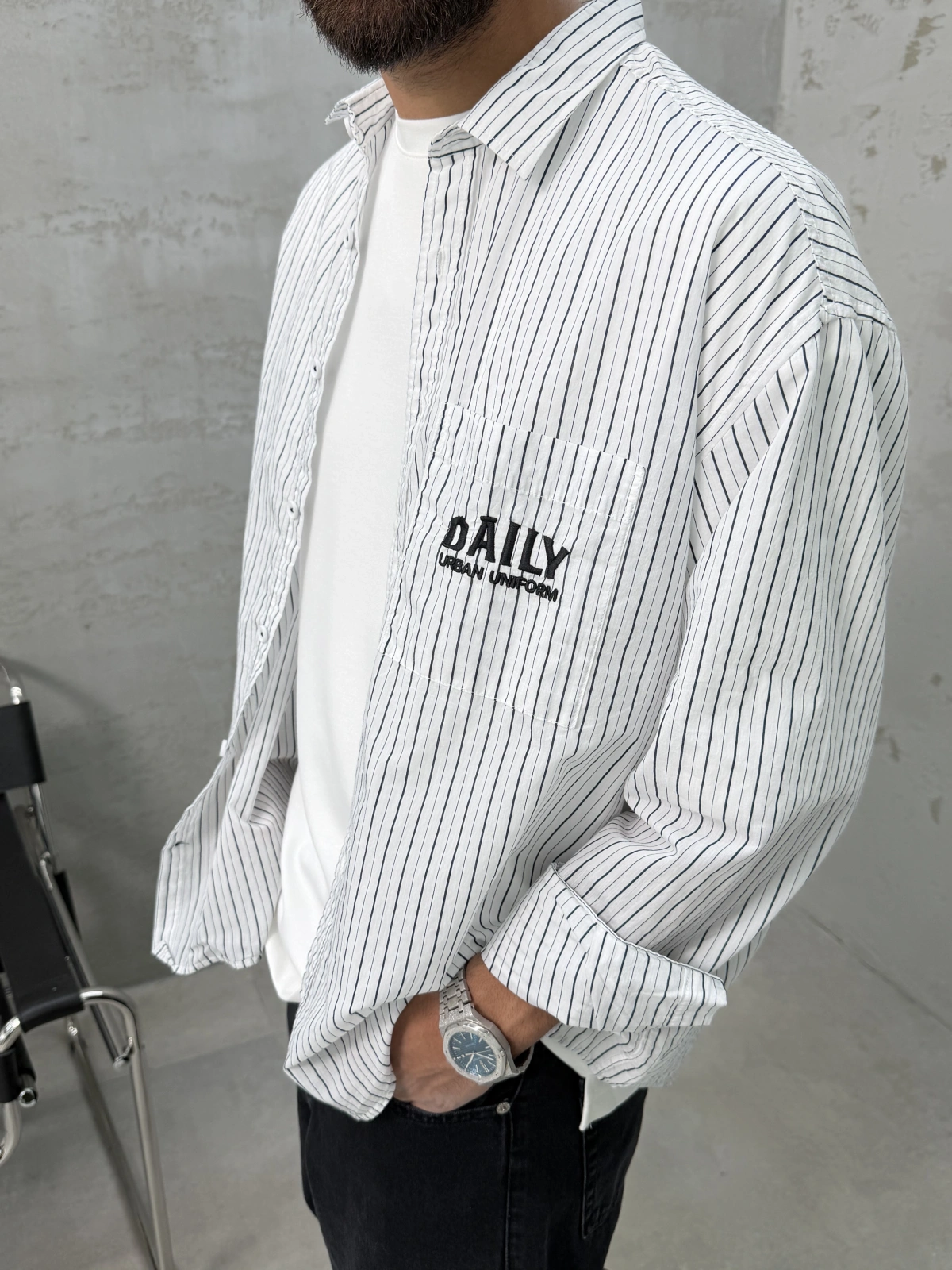Beyaz Daily Çizgili Oversize Gömlek