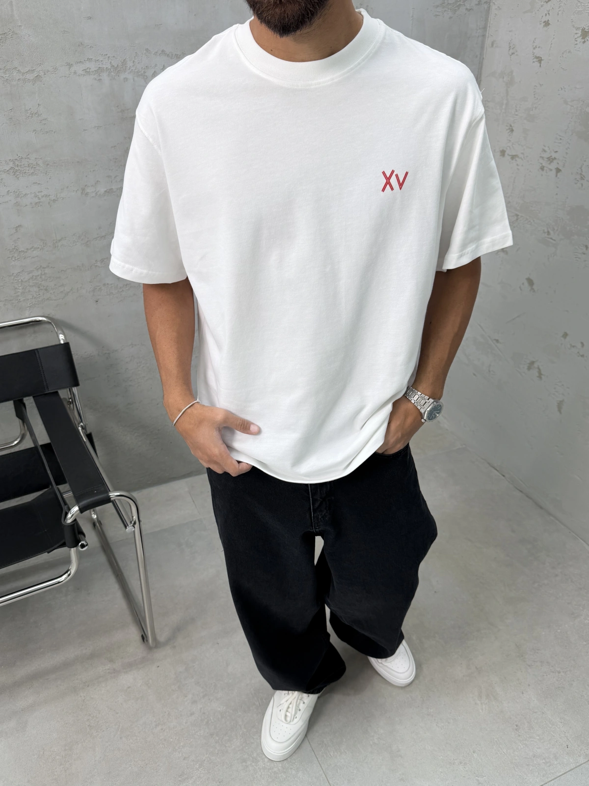 XV Beyaz Baskılı Oversize T-Shirt