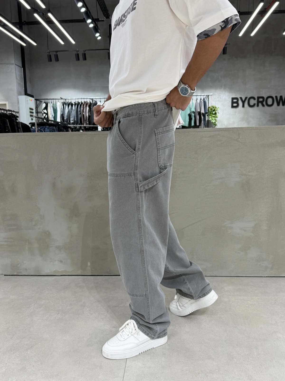 Gri Yıkamalı Dikiş Detay Baggy Jean