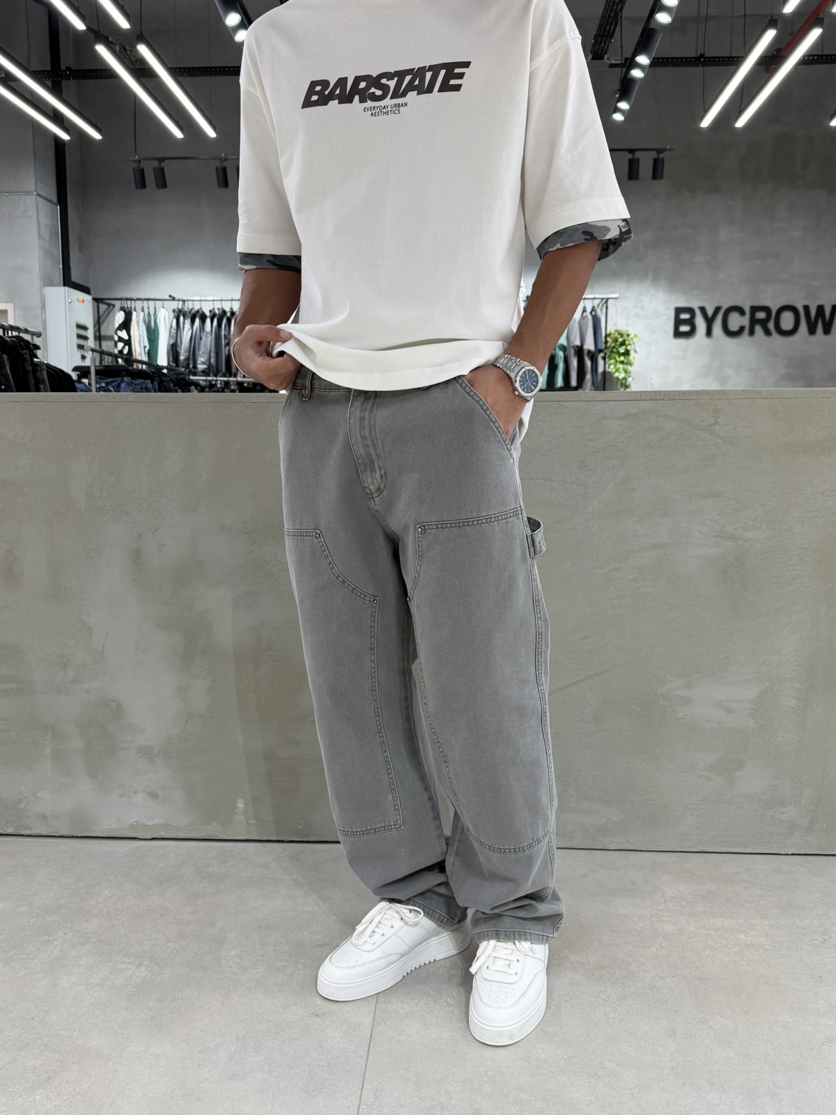 Gri Yıkamalı Dikiş Detay Baggy Jean