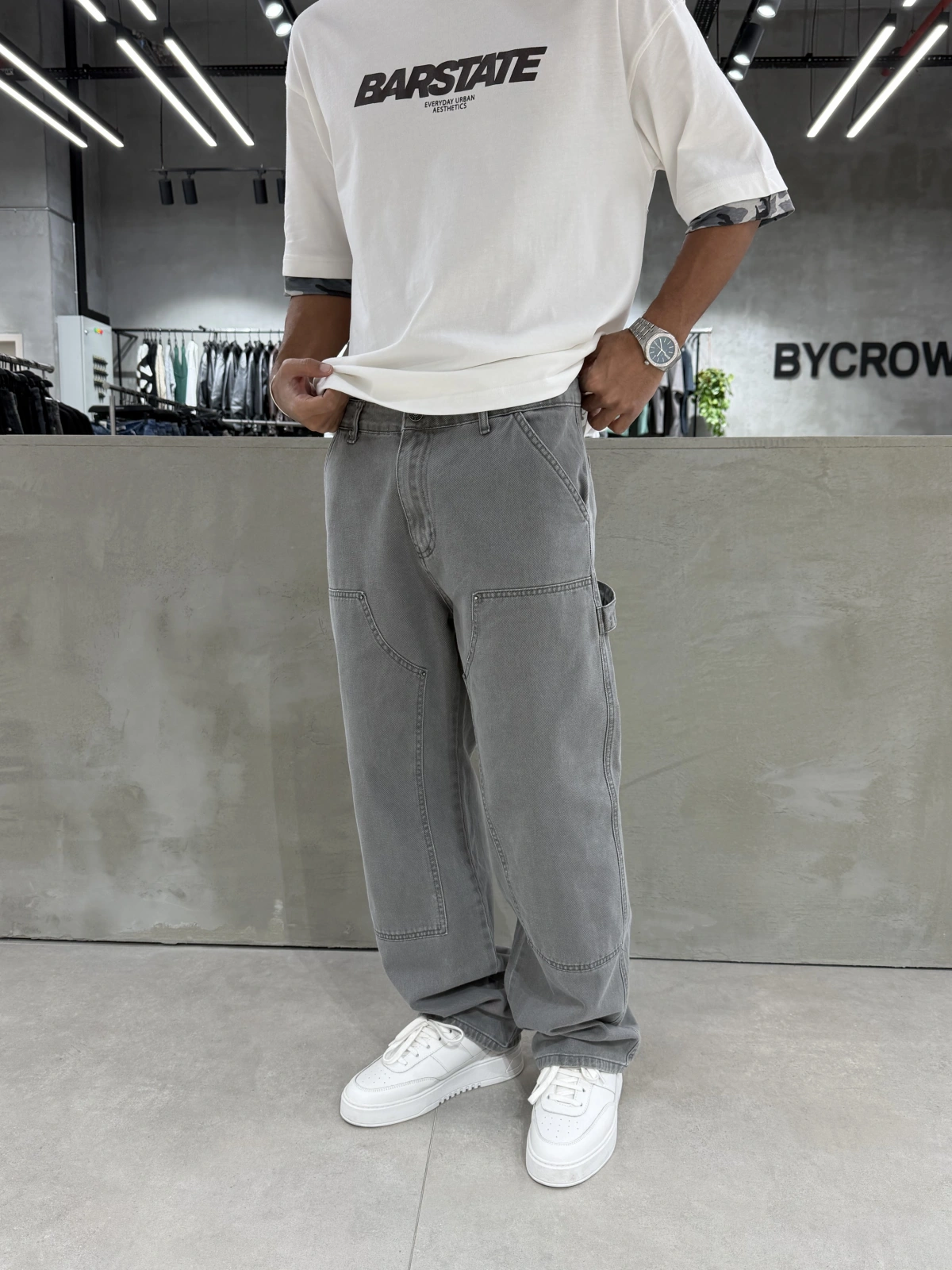 Gri Yıkamalı Dikiş Detay Baggy Jean