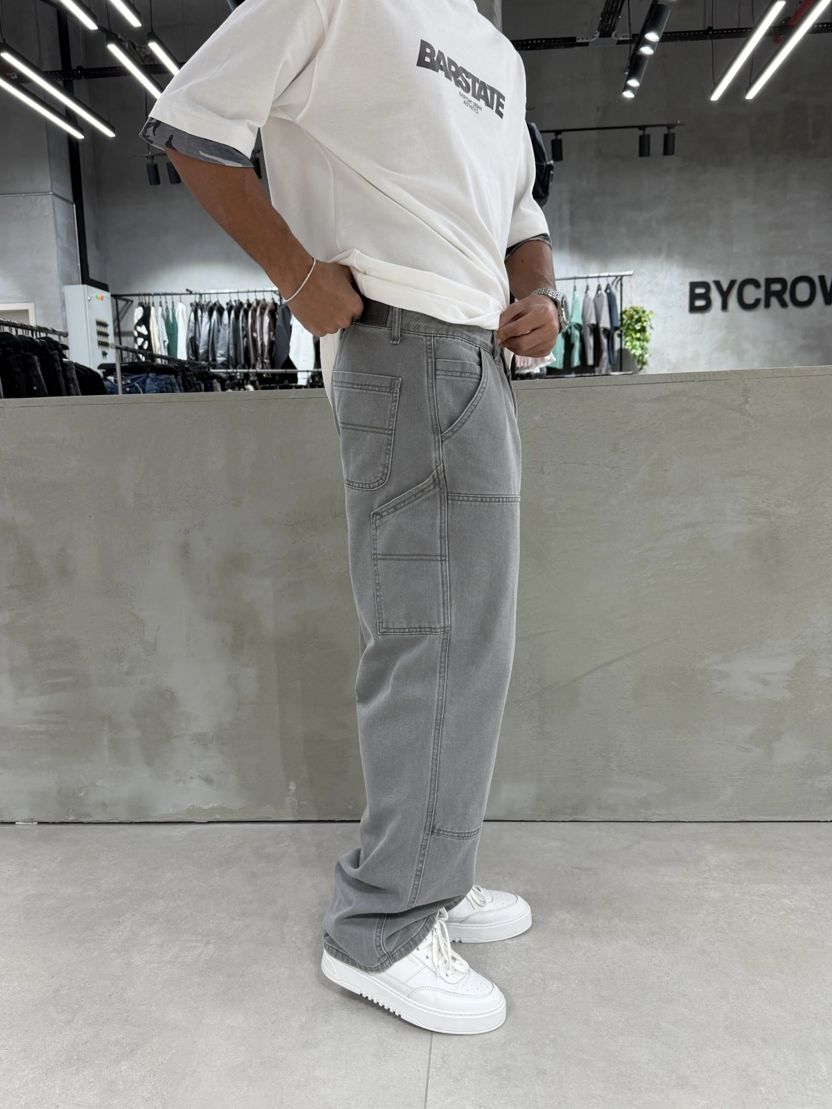Gri Yıkamalı Dikiş Detay Baggy Jean