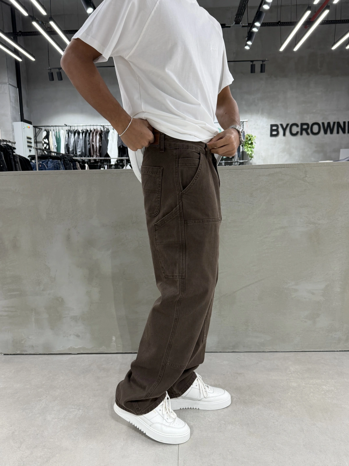 Kahve Yıkamalı Dikiş Detay Baggy Jean