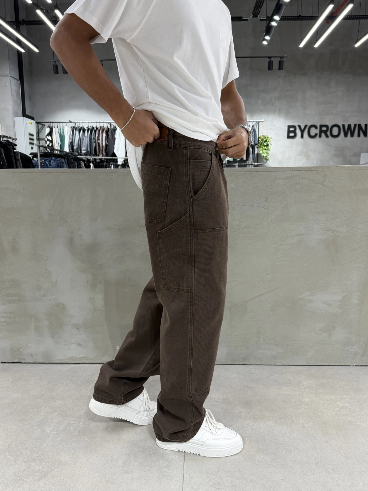 Kahve Yıkamalı Dikiş Detay Baggy Jean