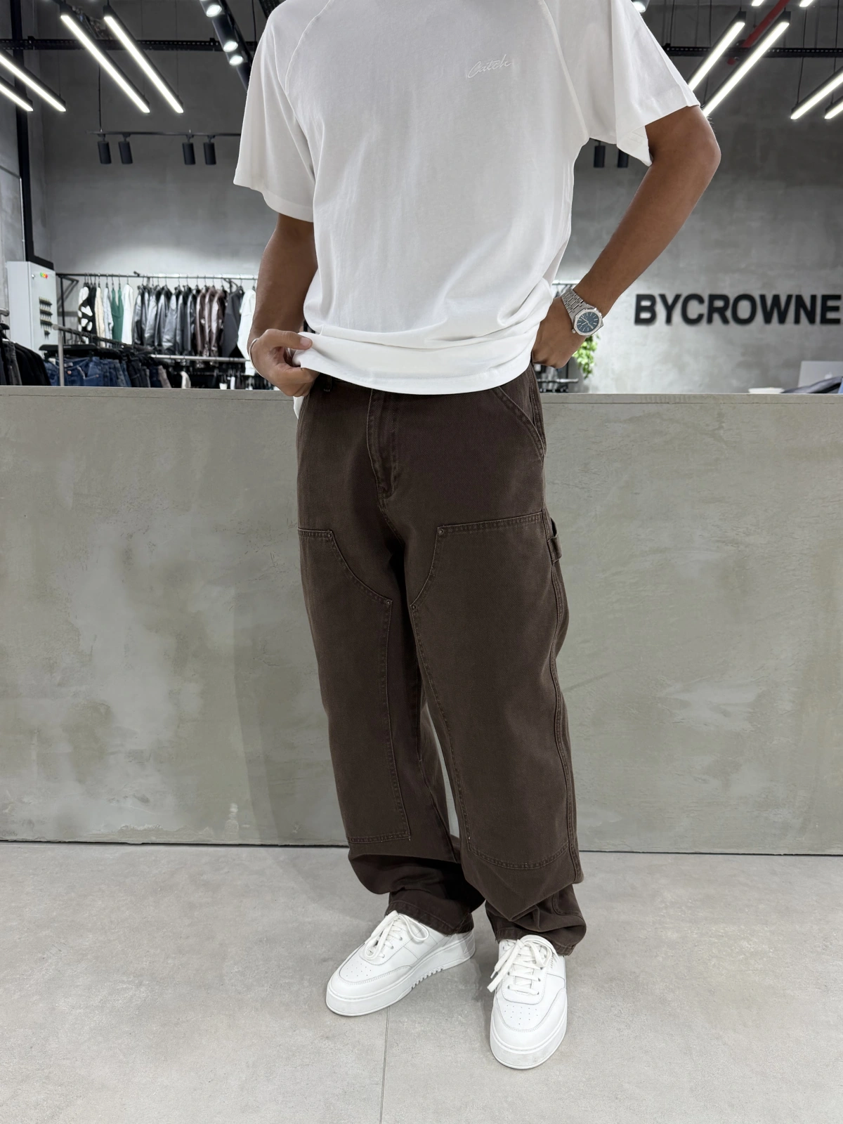 Kahve Yıkamalı Dikiş Detay Baggy Jean