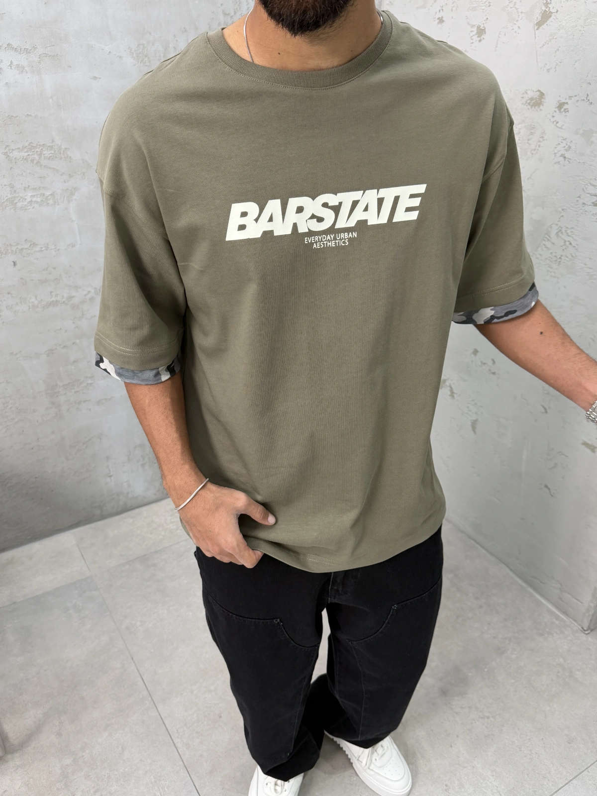 Haki Barstate Oversize Kol Detay T-Shirt