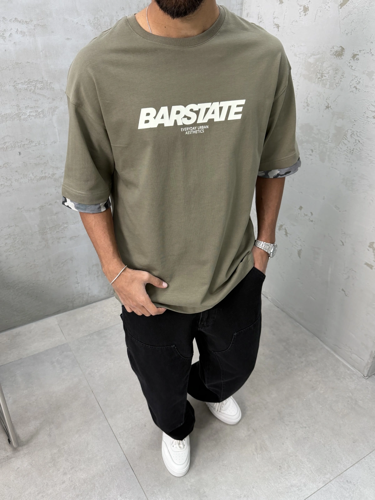 Haki Barstate Oversize Kol Detay T-Shirt