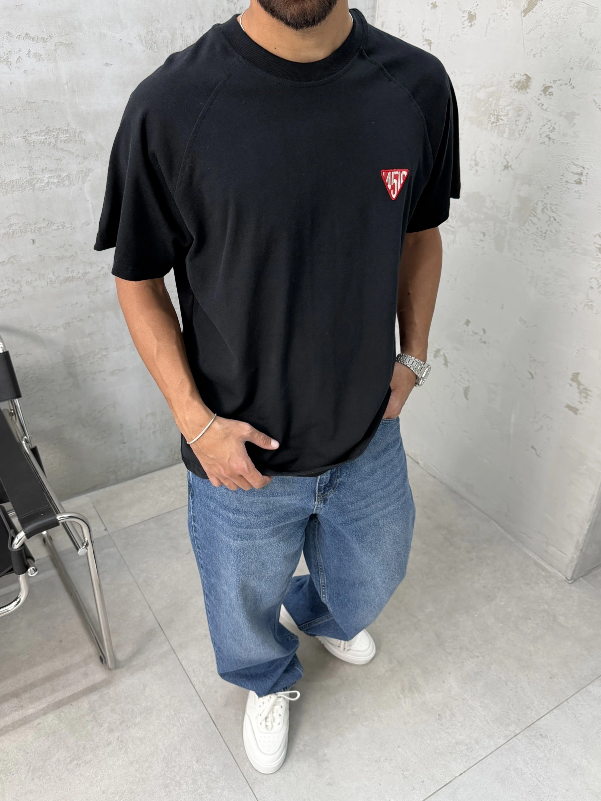 Siyah Süper Minimal Baskılı Oversize T-Shirt