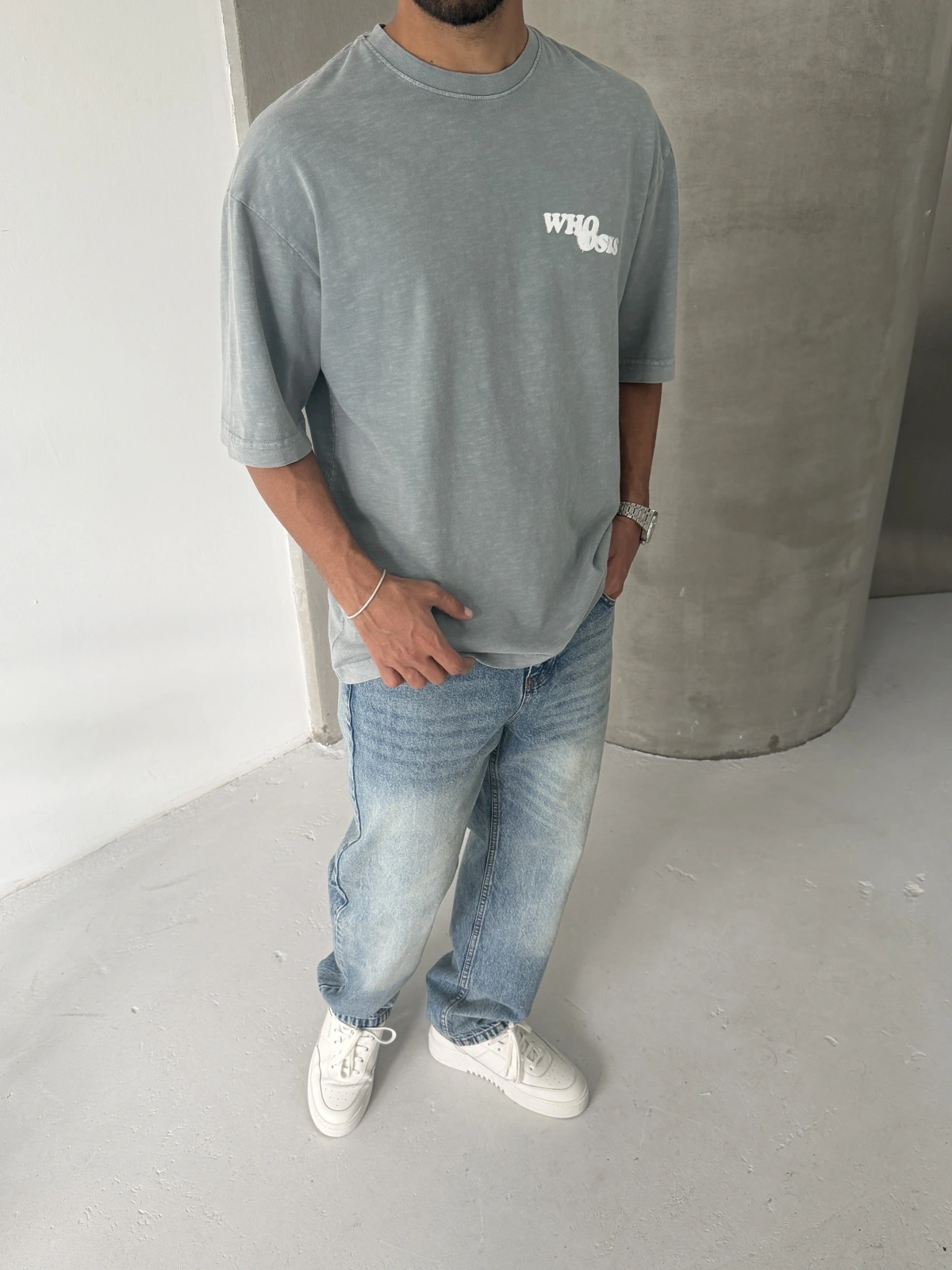 Gri Who Yıkamalı Oversize Tshirt