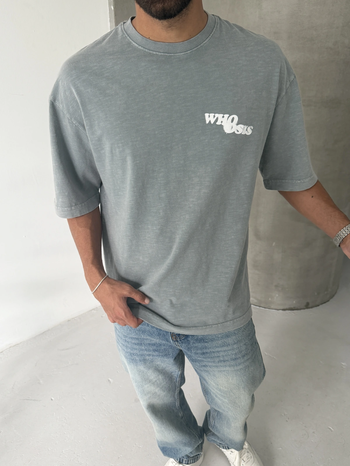 Gri Who Yıkamalı Oversize Tshirt
