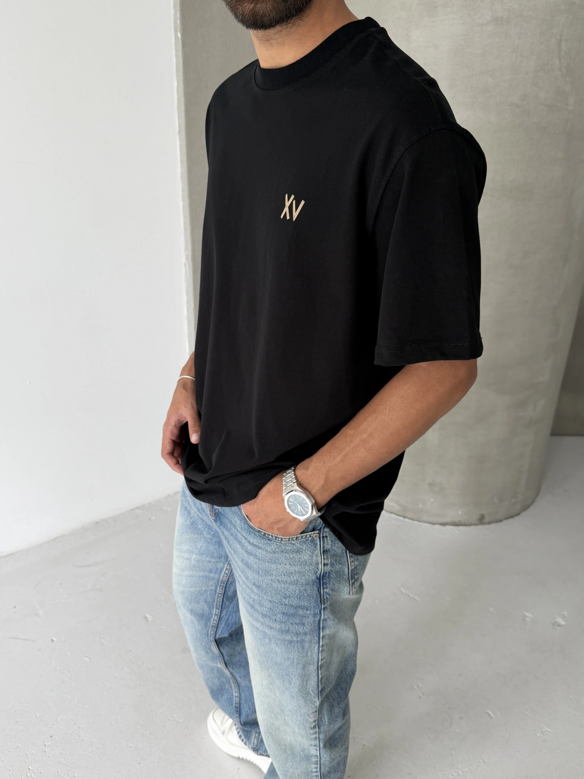 XV Siyah Baskılı Oversize T-shirt