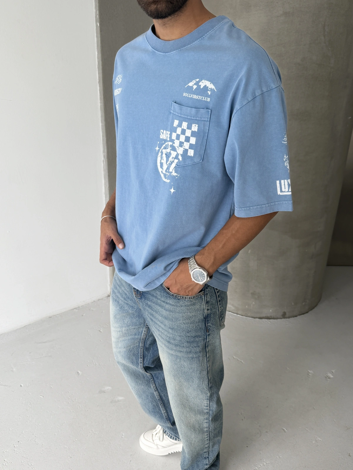 Mavi Yıkamalı Safe Oversize Tshirt
