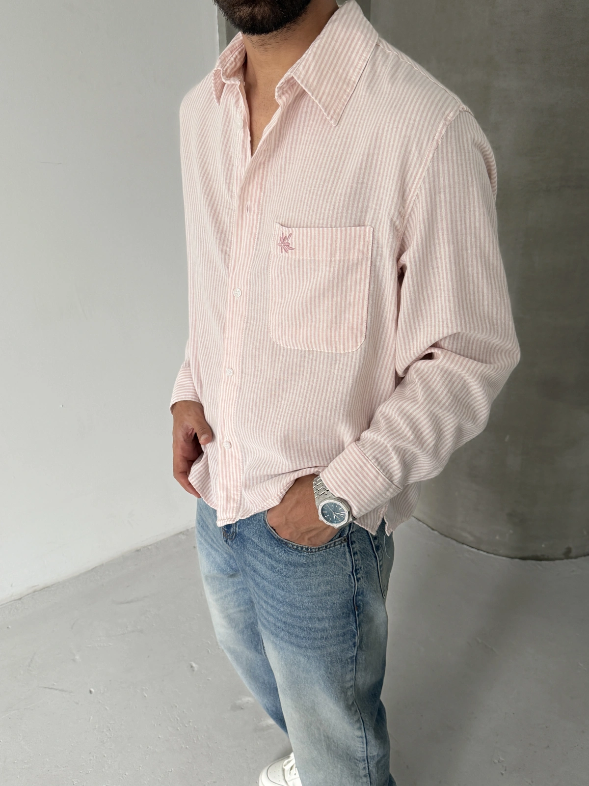Pembe Çizgili Keten Oversize Gömlek