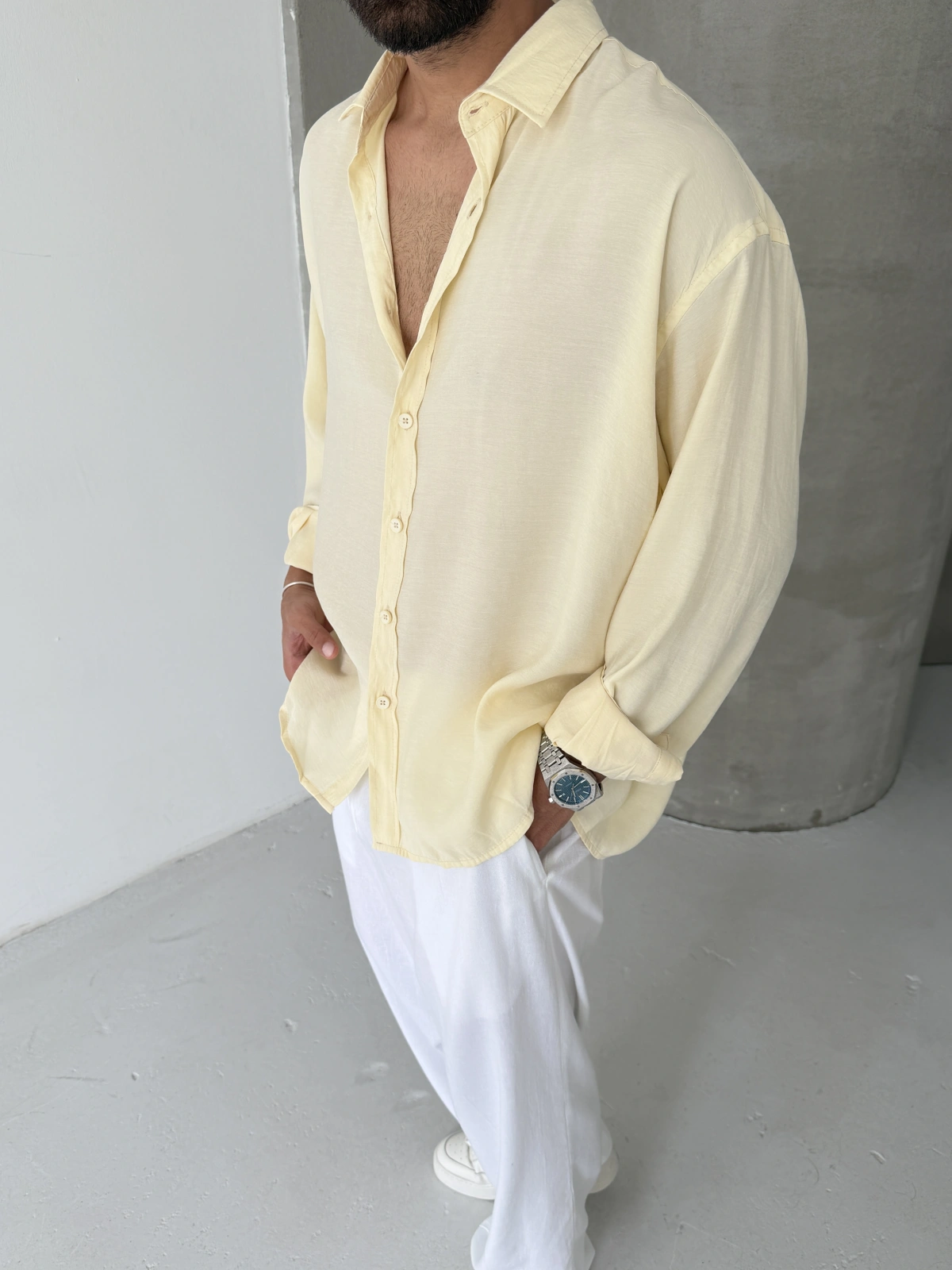 Sarı Premium Modal Kumaş Oversize Gömlek