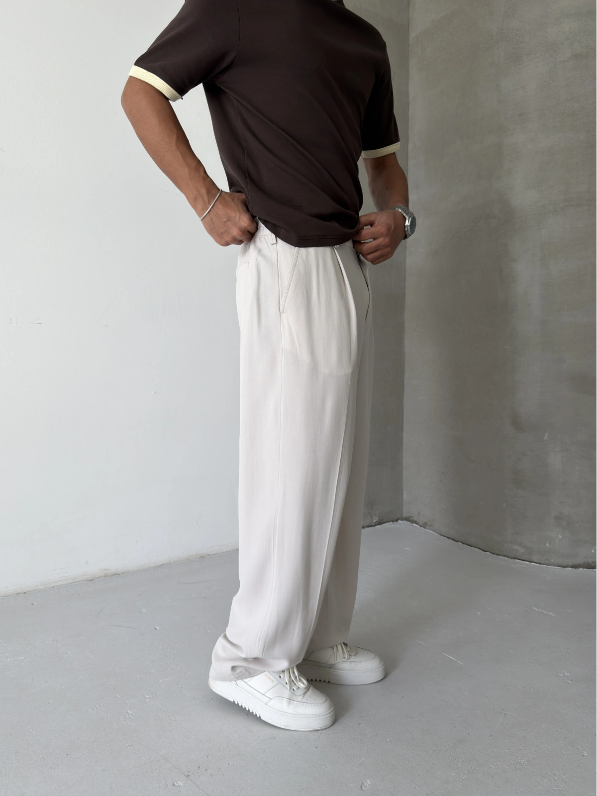 Krem Premium Pileli Bol Kalıp Kumaş Baggy