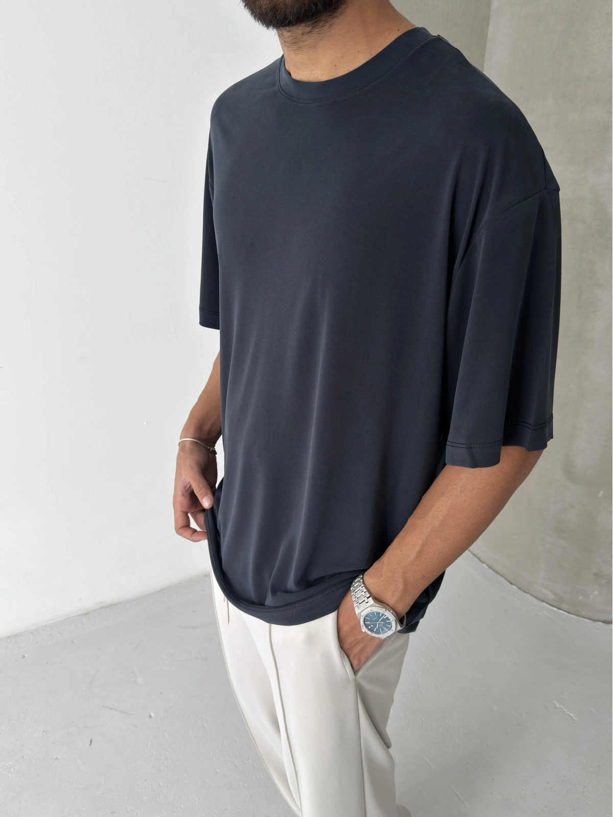 Siyah Modal Kumaş Oversize T-shirt
