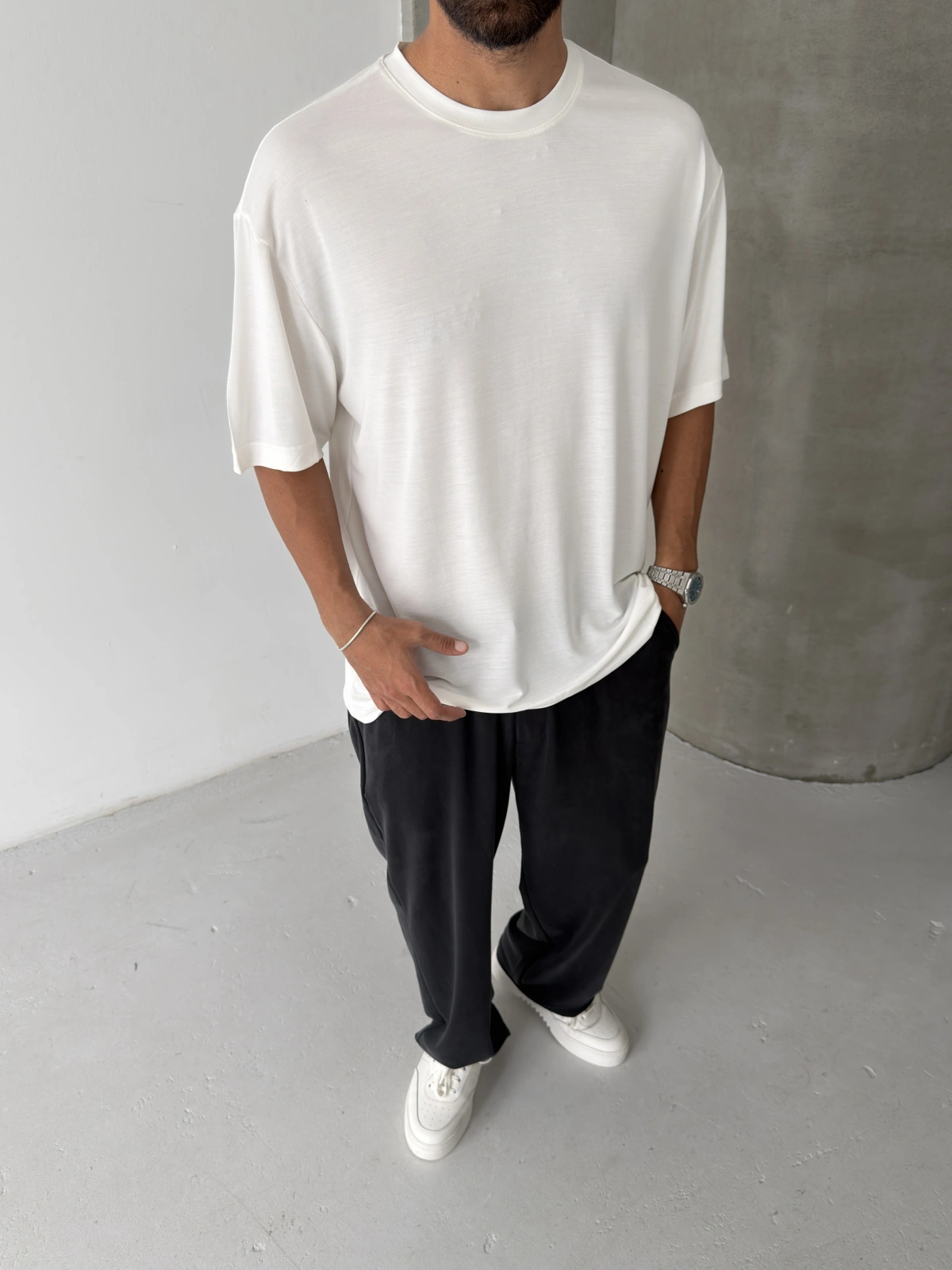Beyaz Modal Kumaş Oversize T-shirt