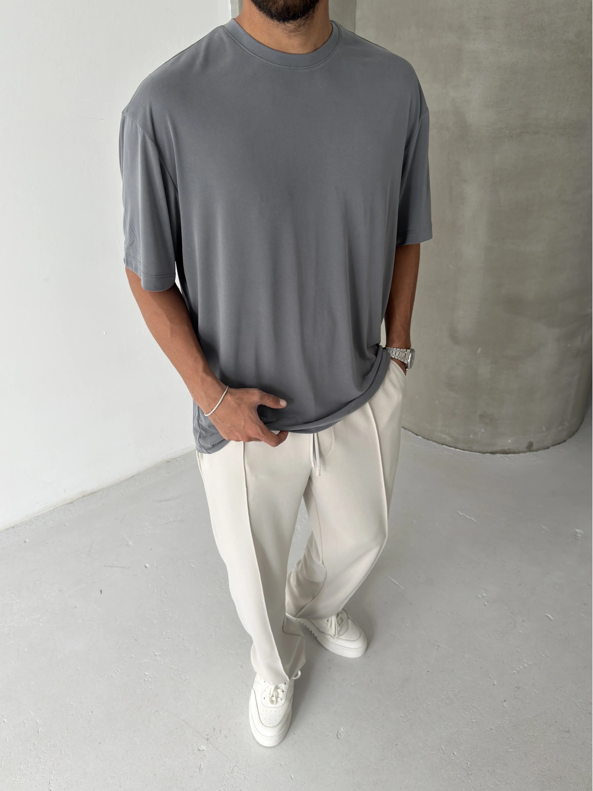 Gri Modal Kumaş Oversize T-shirt