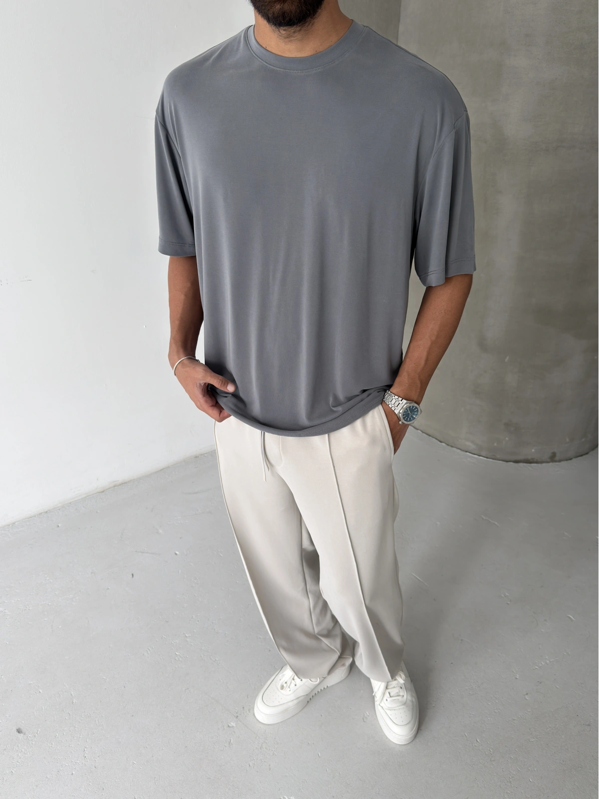 Gri Modal Kumaş Oversize T-shirt