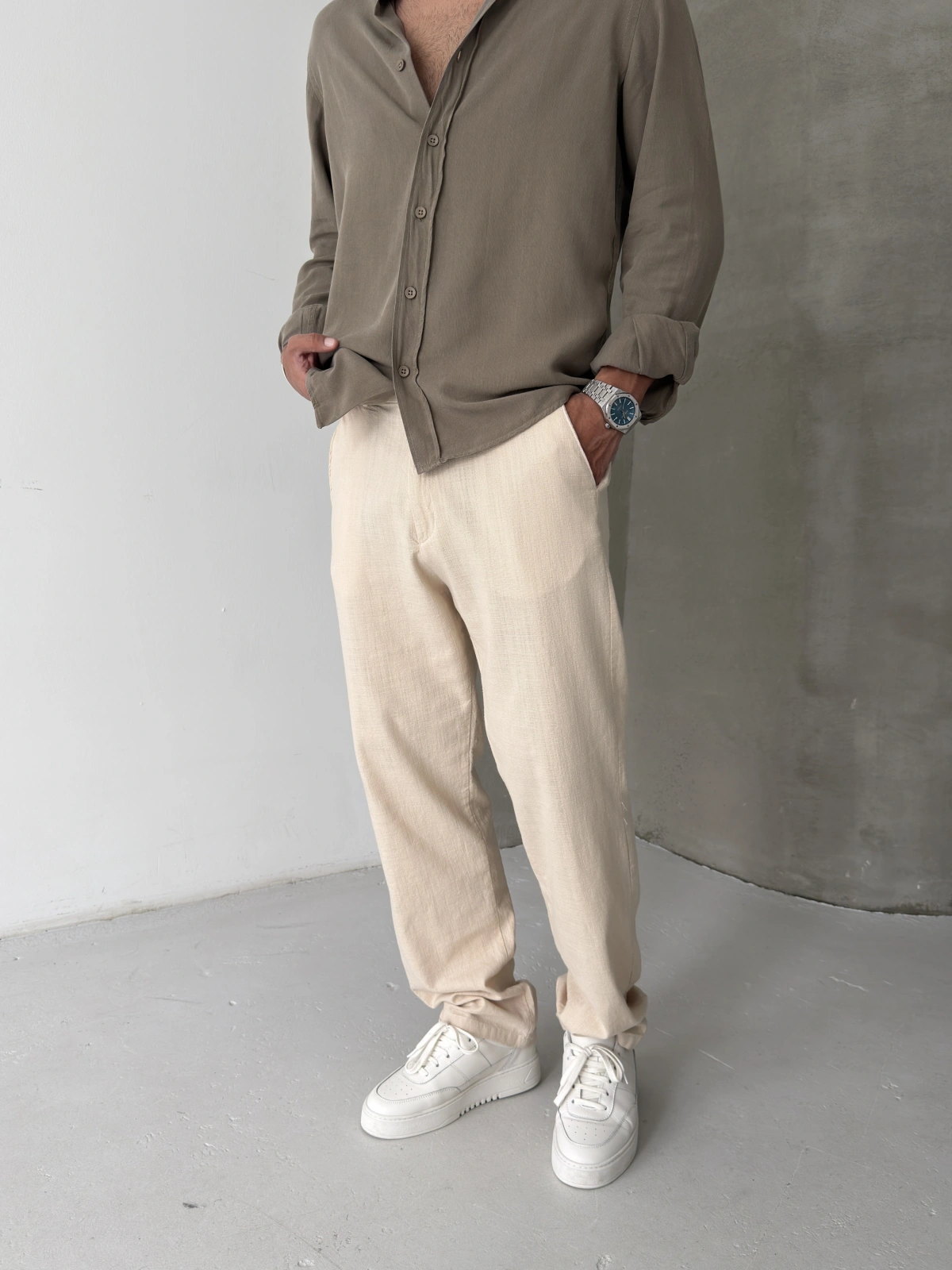 Krem Regular Kalıp Keten Baggy