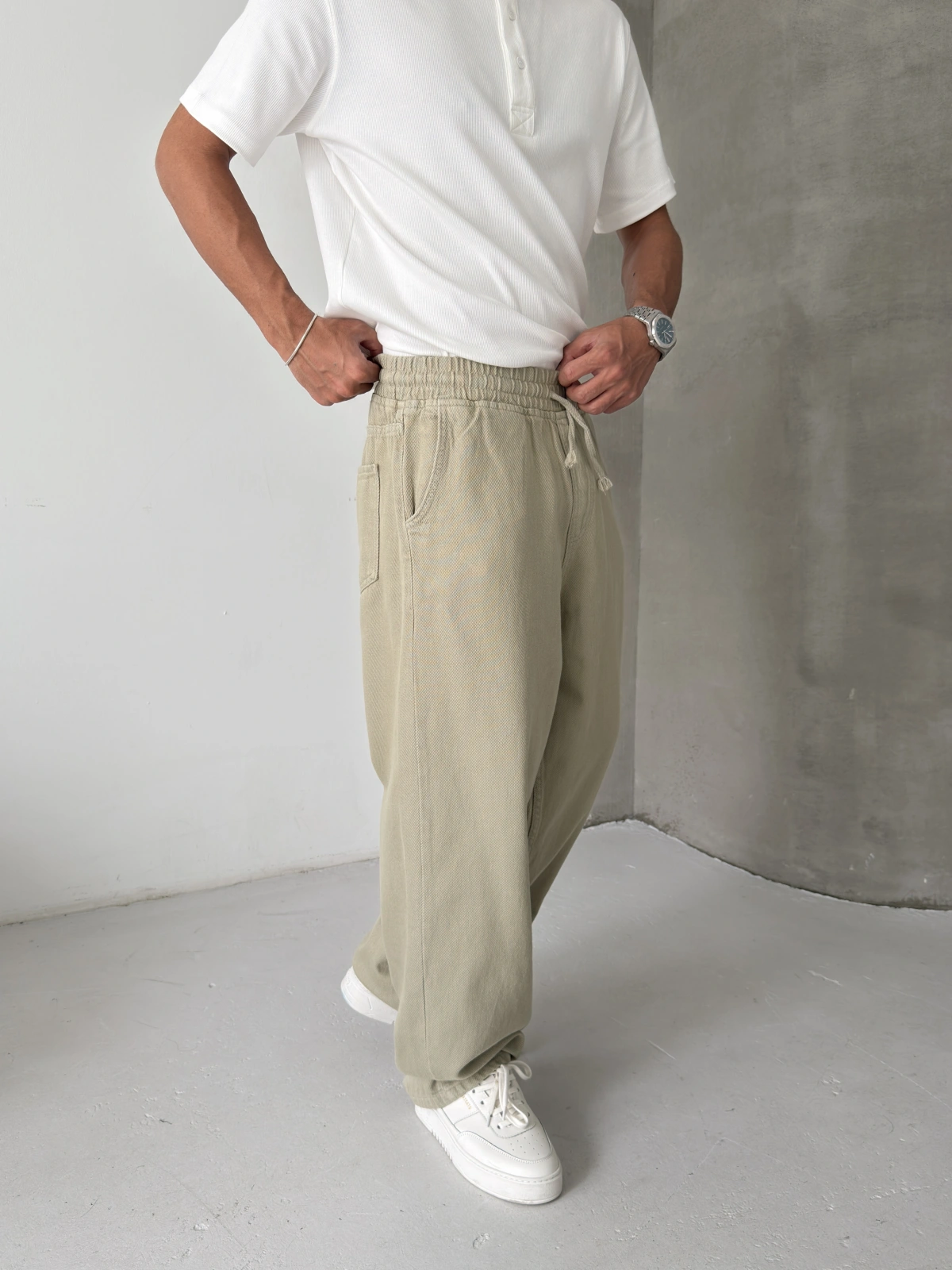 Yeşil Gabardin Ekstra Bol Baggy Pantolon