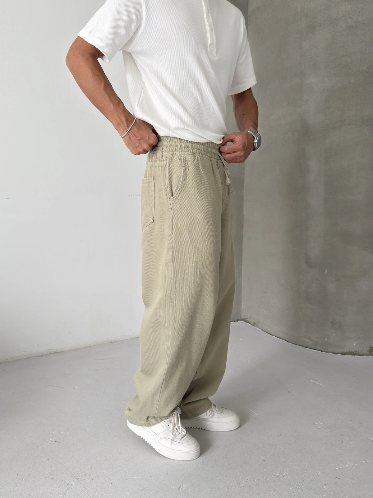 Yeşil Gabardin Ekstra Bol Baggy Pantolon