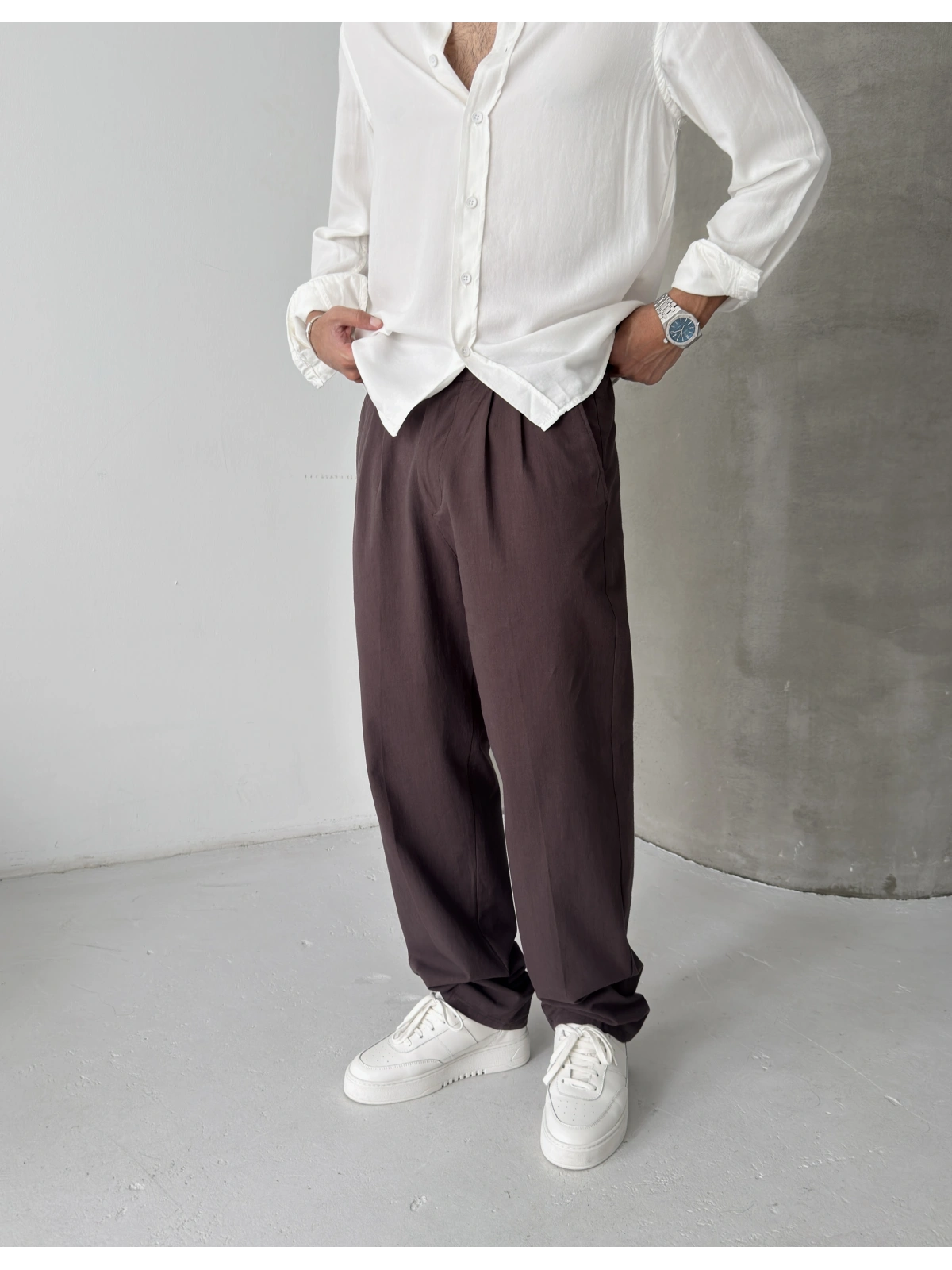 Kahve Premium Linen Kumaş Bol Kalıp Baggy