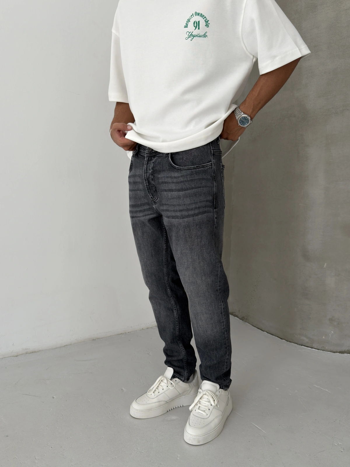 Antrasit Yıkamalı Effect Denim Boyfriend Jean