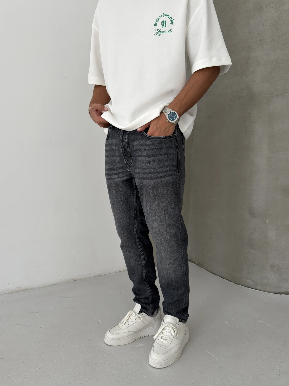Antrasit Yıkamalı Effect Denim Boyfriend Jean