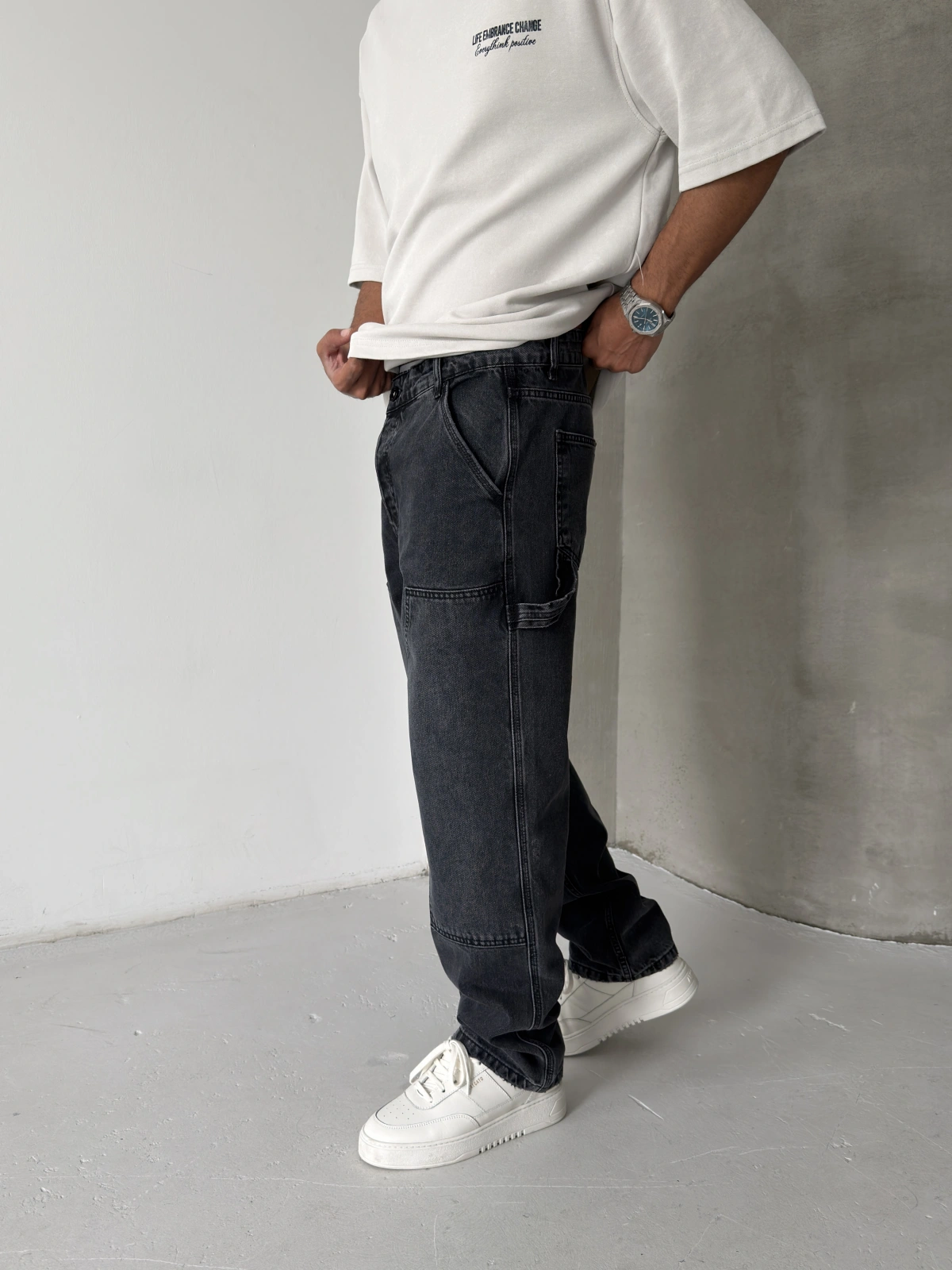 Antrasit Eskitme Dikiş Detay Baggy Jean