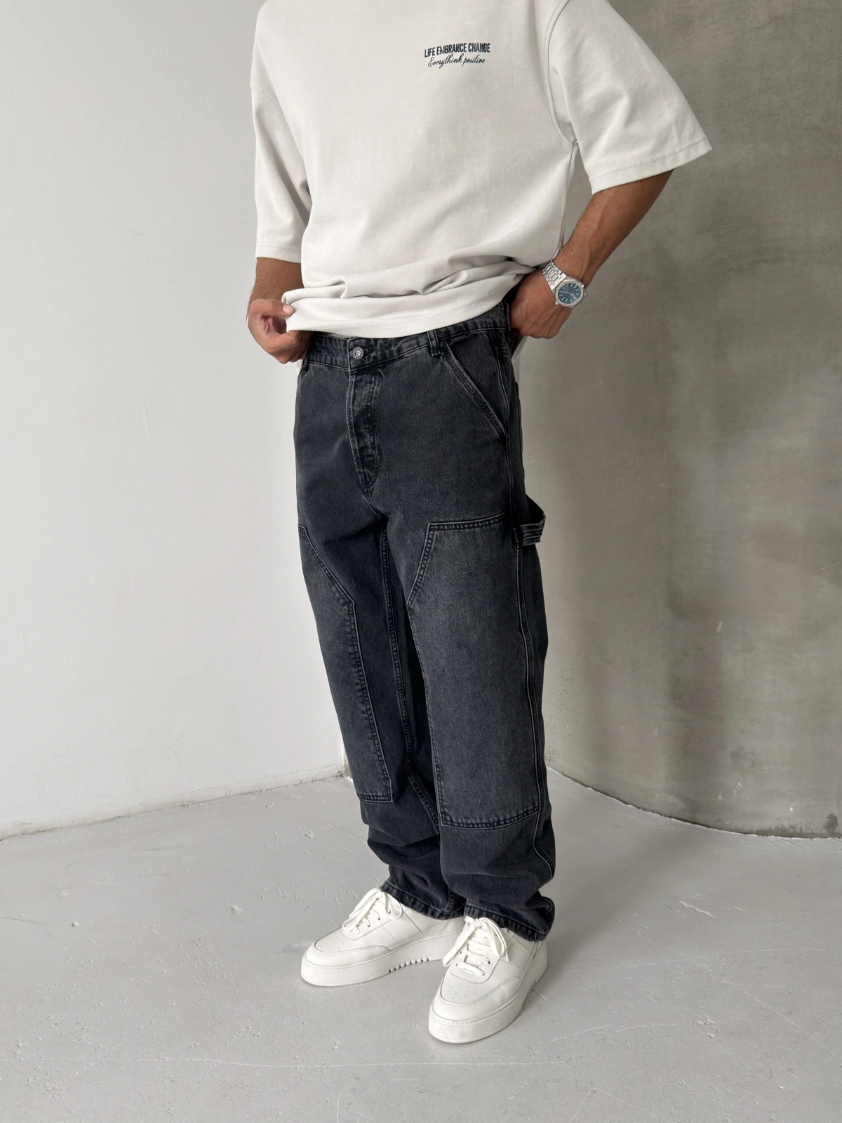 Antrasit Eskitme Dikiş Detay Baggy Jean