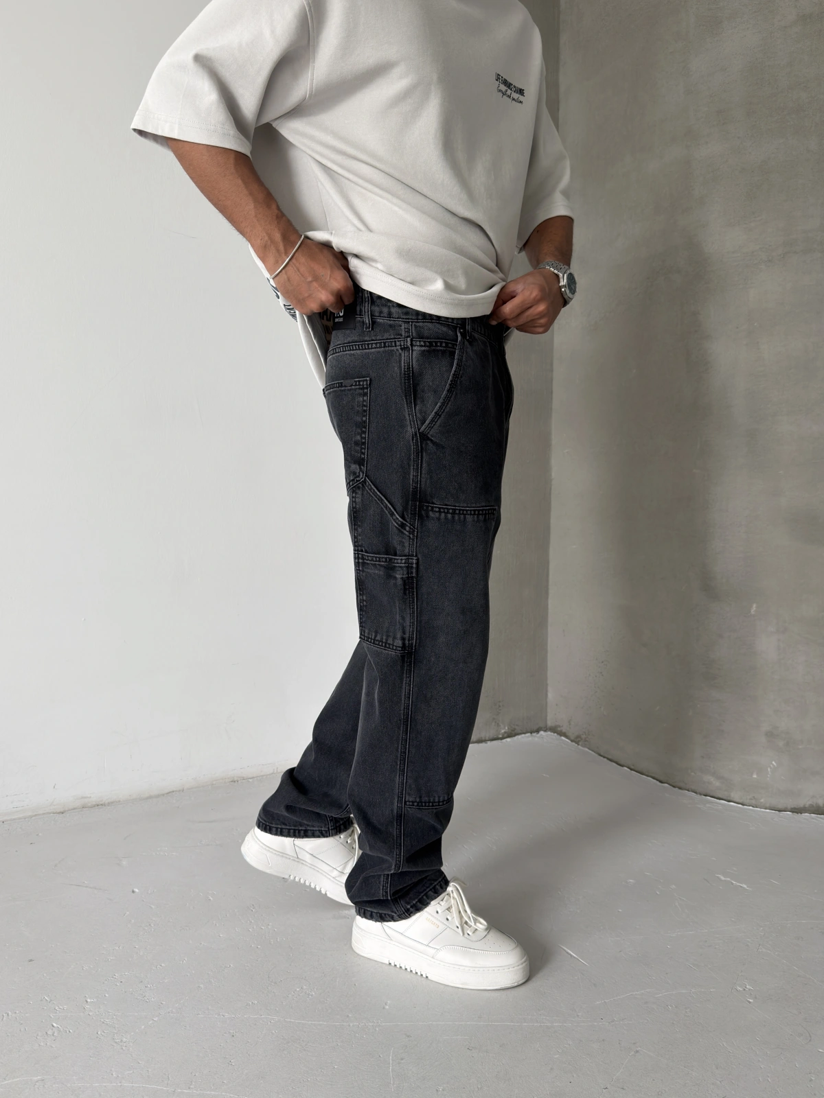 Antrasit Eskitme Dikiş Detay Baggy Jean