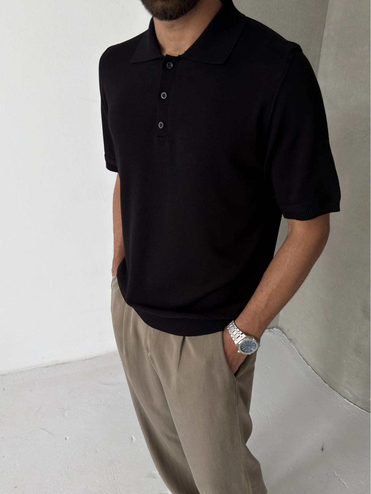 Siyah Polo Yaka İnce Triko T-shirt