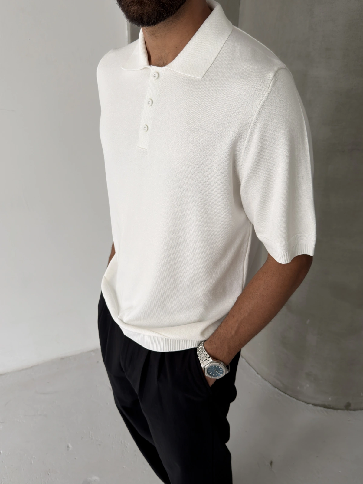 Beyaz Polo Yaka İnce Triko T-shirt