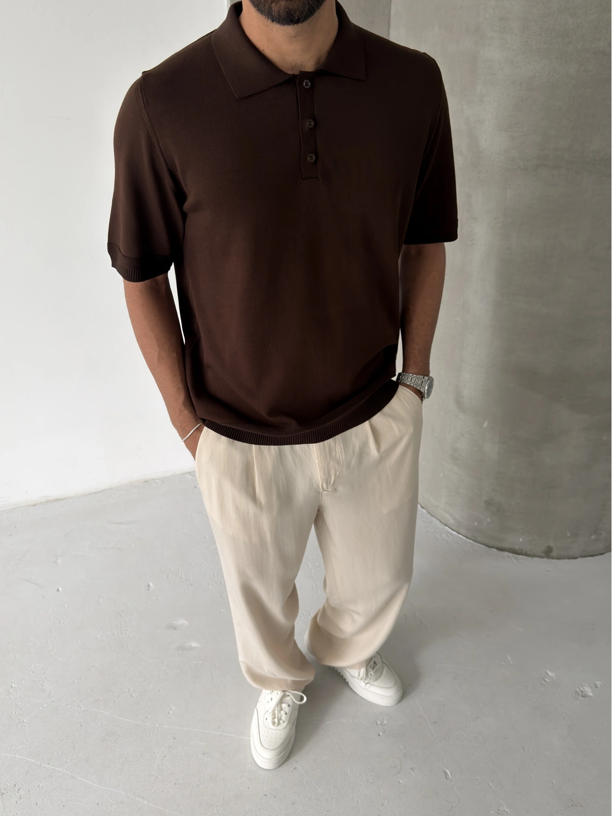 Kahve Polo Yaka İnce Triko T-shirt