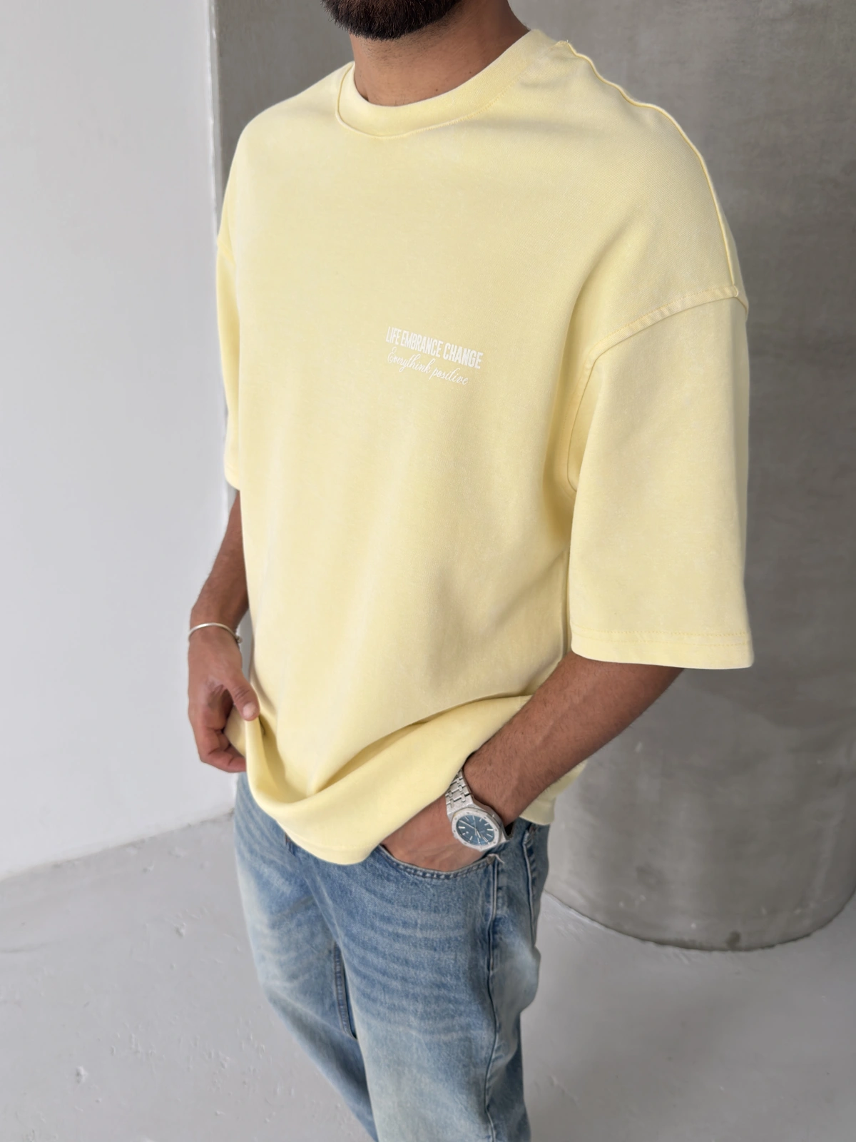 Sarı Baskılı Yıkamalı Oversize T-shirt