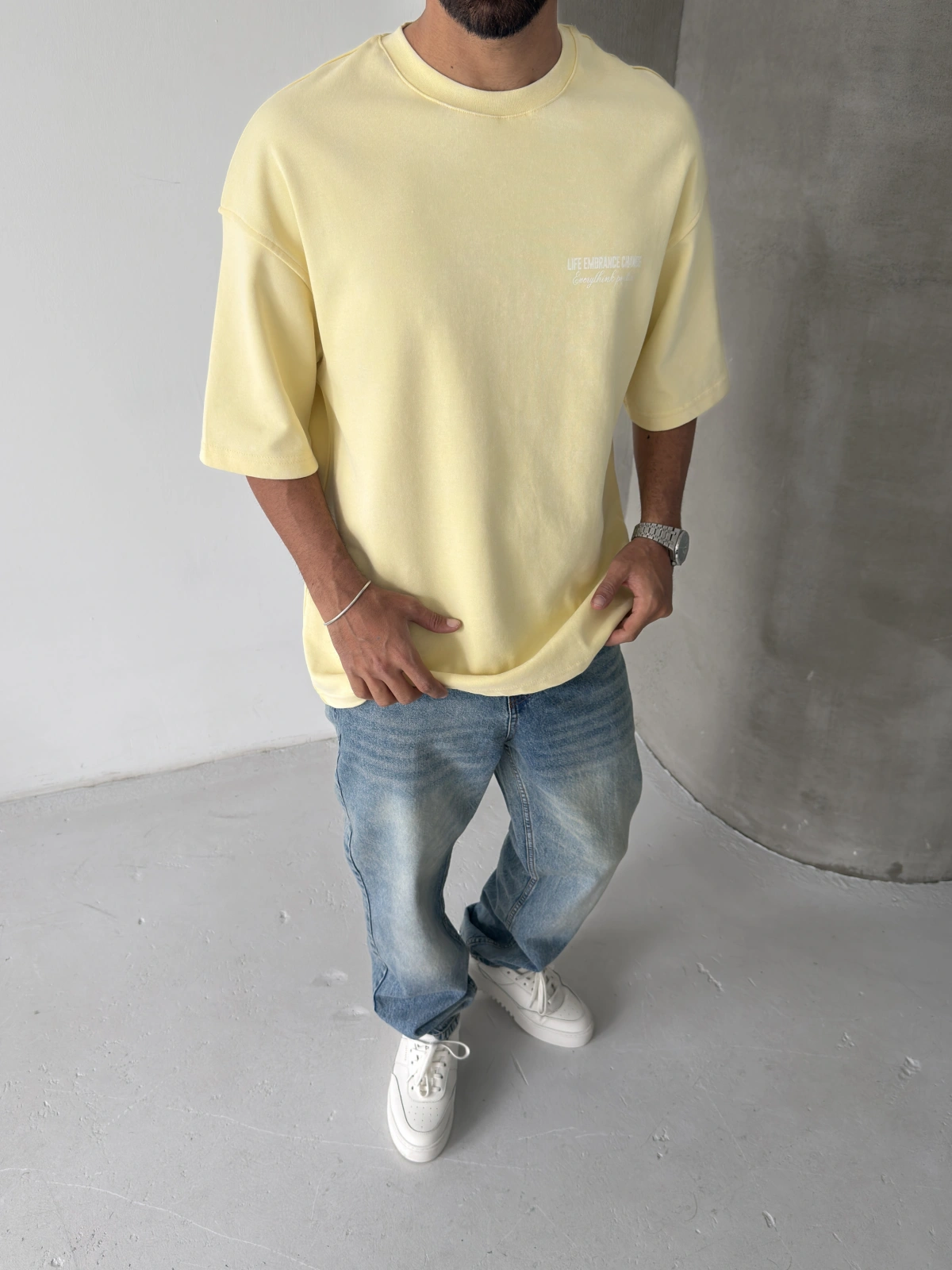 Sarı Baskılı Yıkamalı Oversize T-shirt