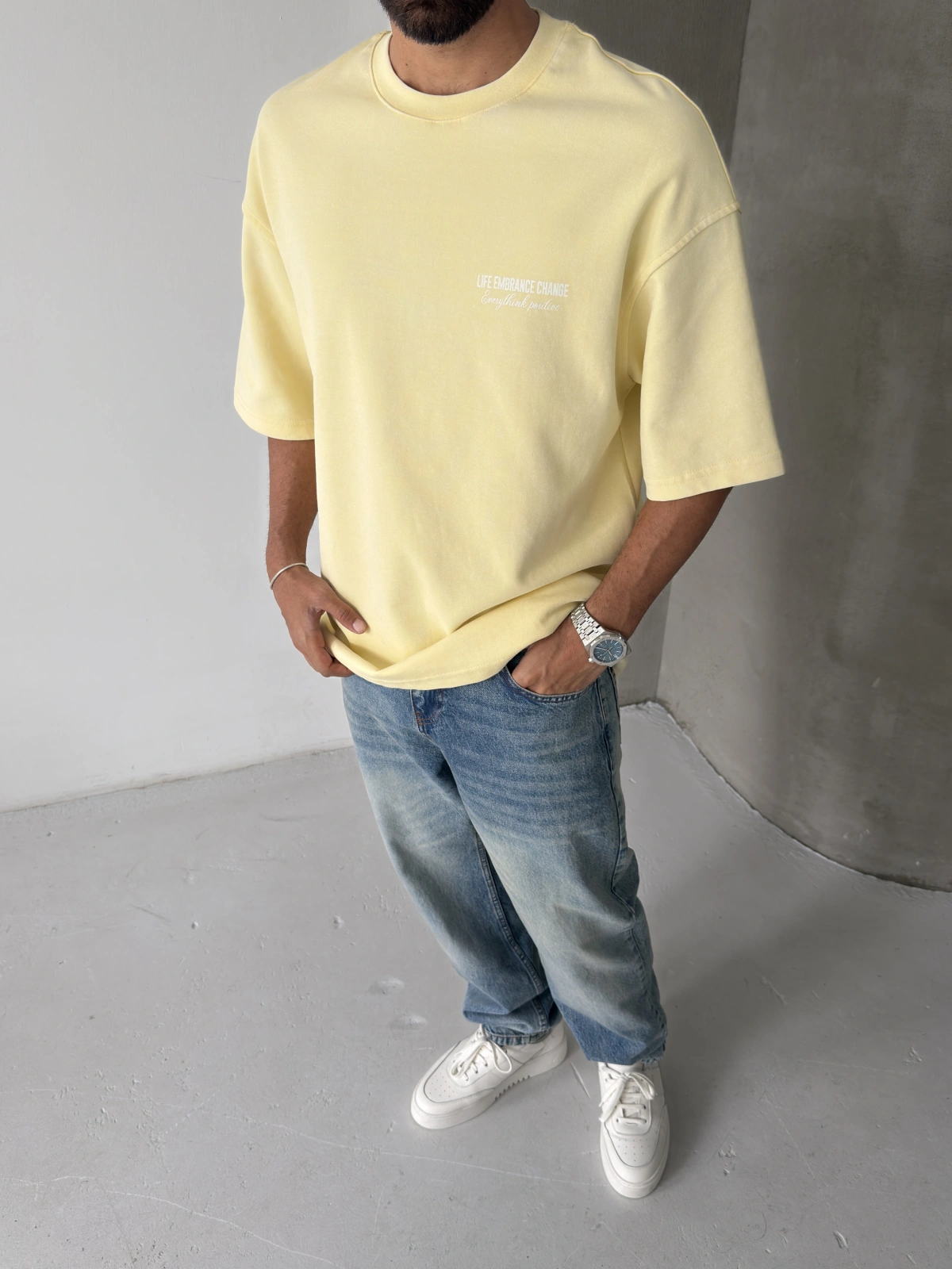 Sarı Baskılı Yıkamalı Oversize T-shirt