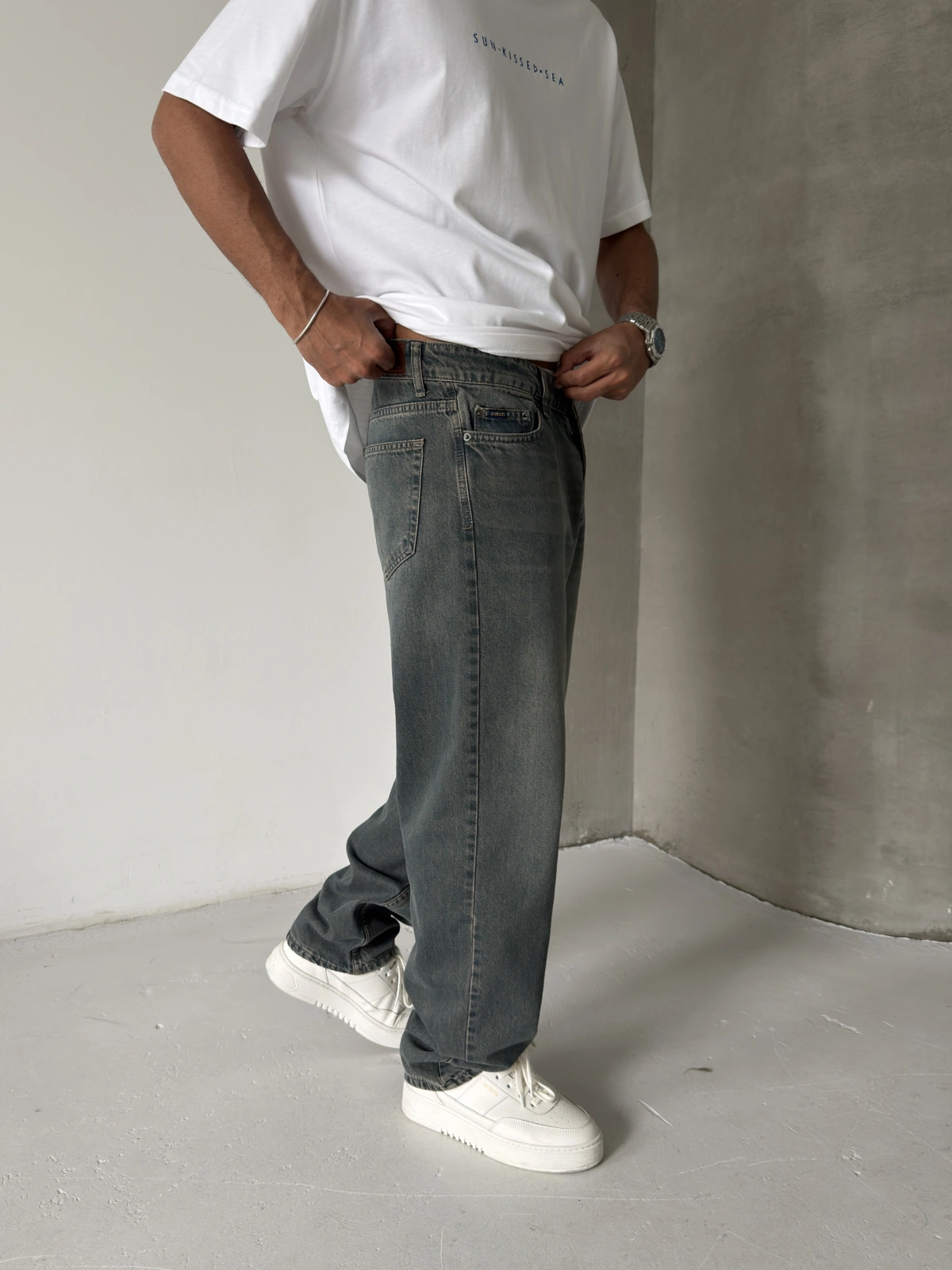 Koyu Yeşil Eskitme Baggy Jean