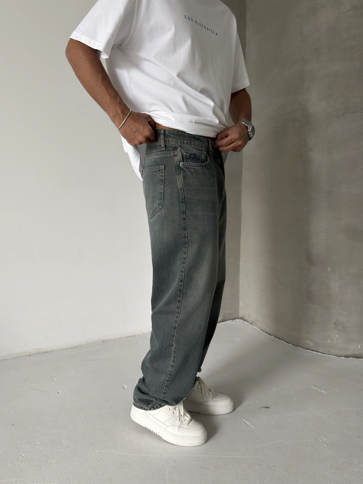 Koyu Yeşil Eskitme Baggy Jean