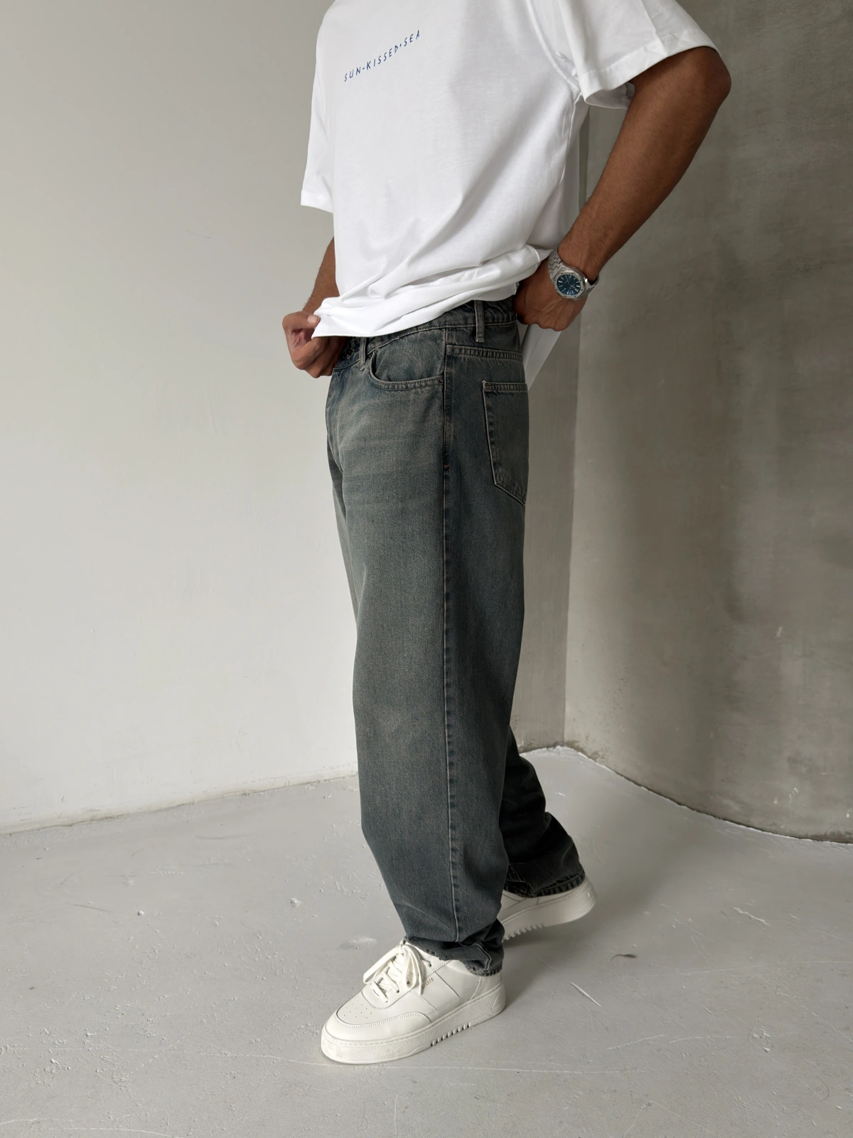 Koyu Yeşil Eskitme Baggy Jean