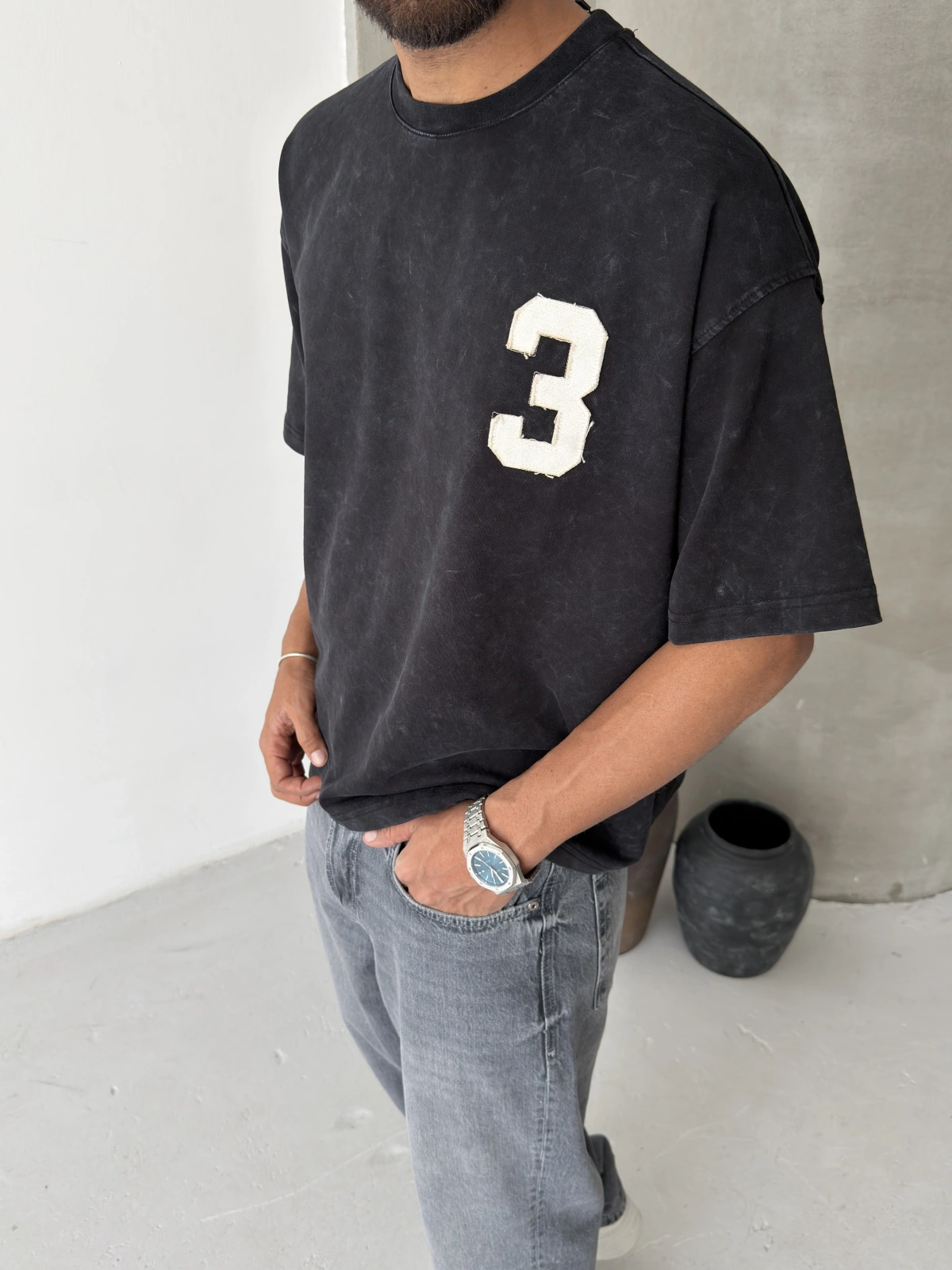 Siyah 3 Baskı Yıkamalı T-shirt